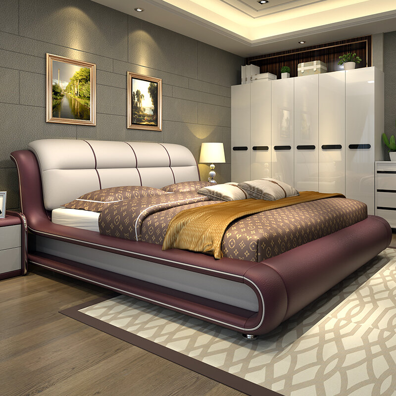 Muebles de dormitorio modernos, cama con piel auténtica, M01
