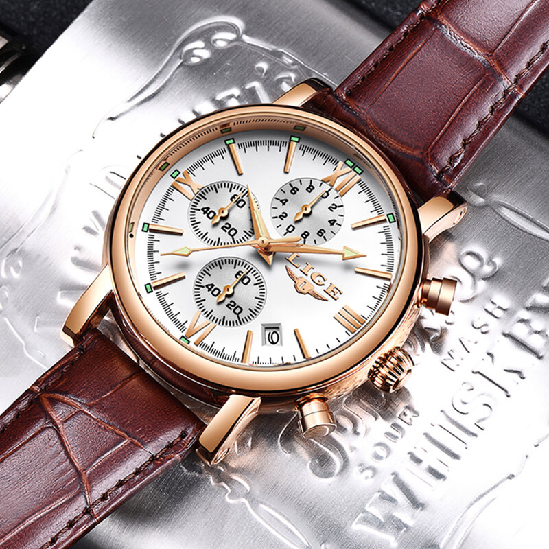 LIGE-남성용 비즈니스 가죽 패션 방수 쿼츠 시계, 최고 브랜드 럭셔리 남성 날짜 시계, 2021