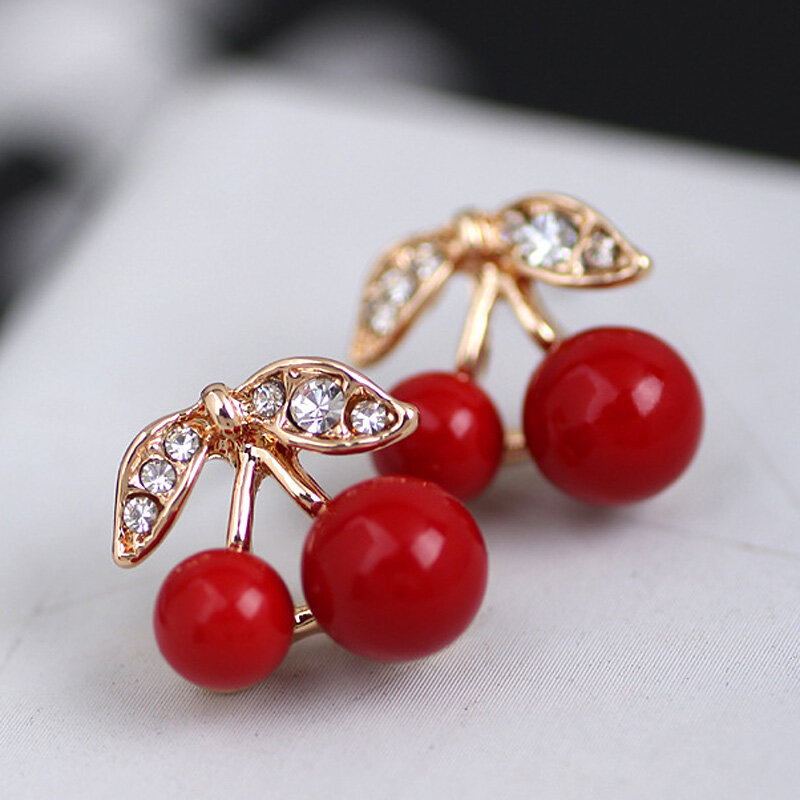 Women Cute Red Cherry Rabbit Earrings of zinc alloy material Crystal Stud Earrings Contracted Fashion Sweet Jewelry Girls Gift