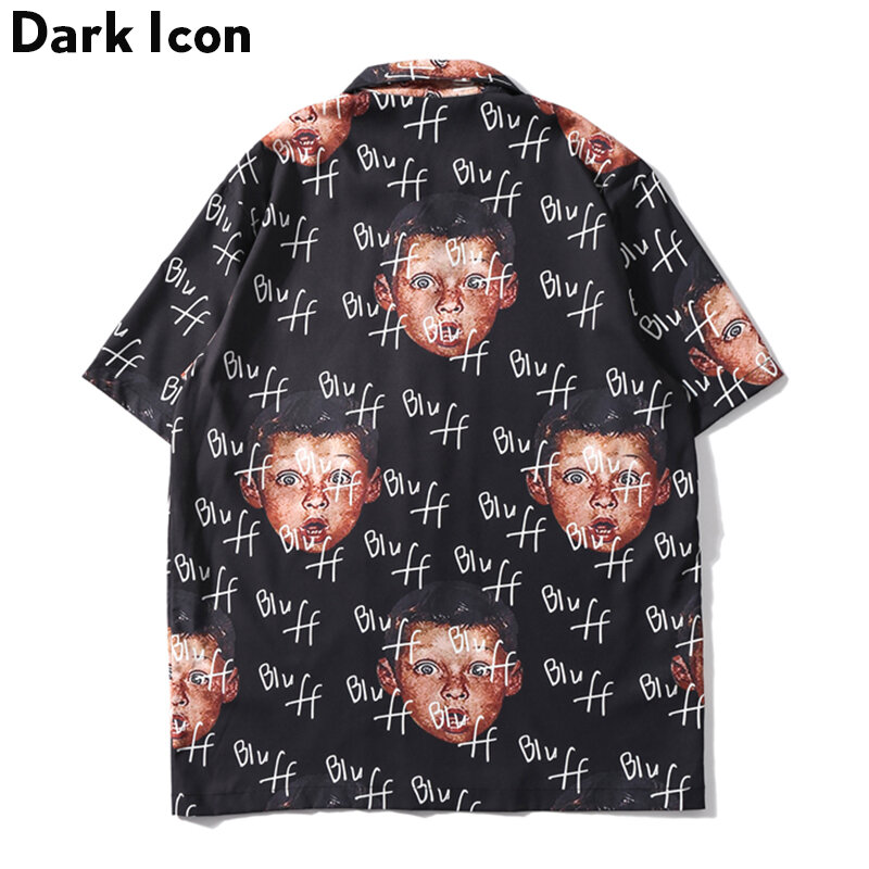 Ciemna ikona Bluff chłopiec pełna drukowana koszula Hip hopowa ulica lato krótki rękaw koszule męskie odzież Streetwear