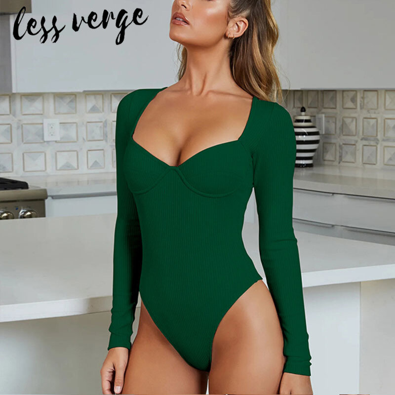 Lessverge Solid Knitted Sexy Long Sleeve One-Piece Casual  Bodycon Short Bodysuit