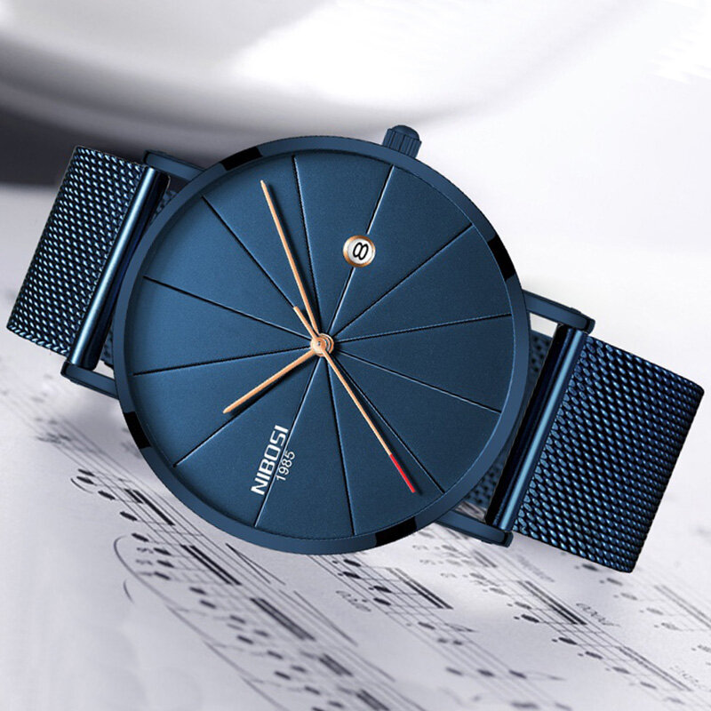 NIBOSI-Montre-bracelet ultra fine en acier inoxydable bleu pour homme, à quartz, classique, de luxe, avec date