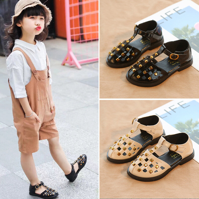 Novo coreano para meninas sapatos cabeça-envolto semi-sandálias verão princesa das crianças de sola macia rebite moda meninas oco-para fora 2019