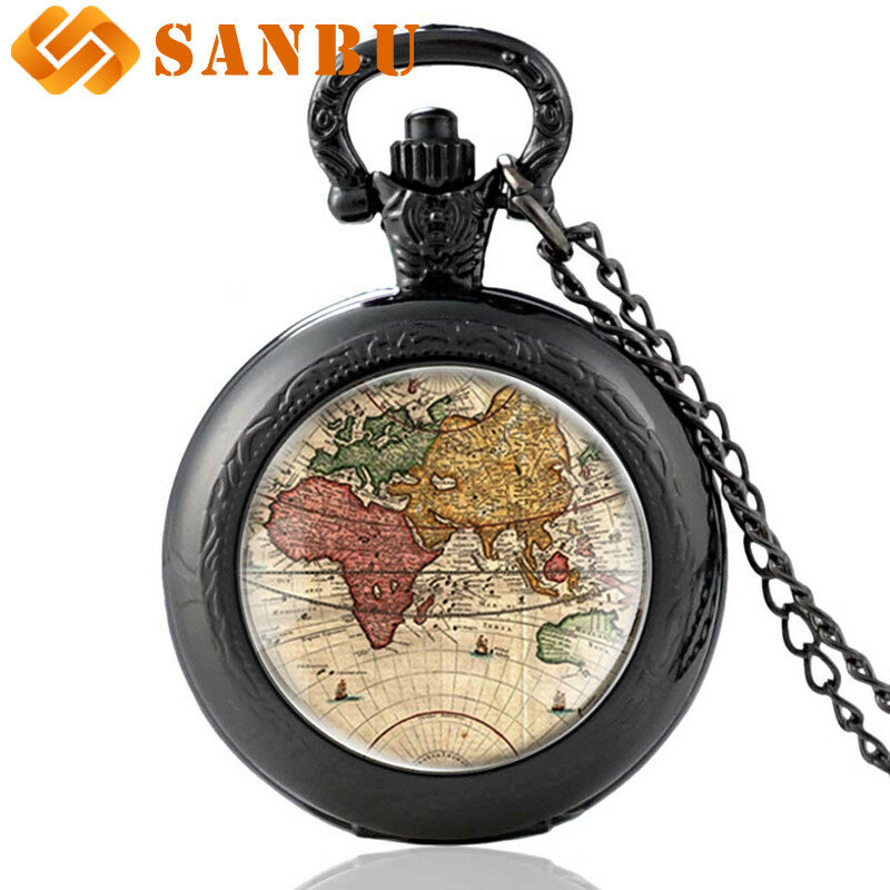 Mapa do mundo retrô prata quartzo, relógio de bolso vintage para homens e mulheres, colar com pingente de mapa clássico