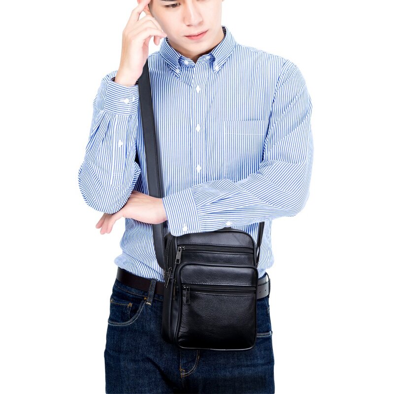 Bolsa de couro masculina, bolsa pequena multifuncional de ombro para viagem, bolsa de zíper com alça carteiro