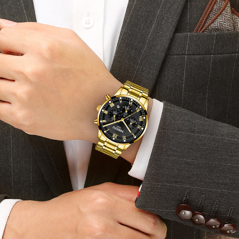 Nibosiメンズクオーツ時計の高級ファッションスポーツ腕時計防水ステンレス日付の男性がレロジオmasculino腕時計男性