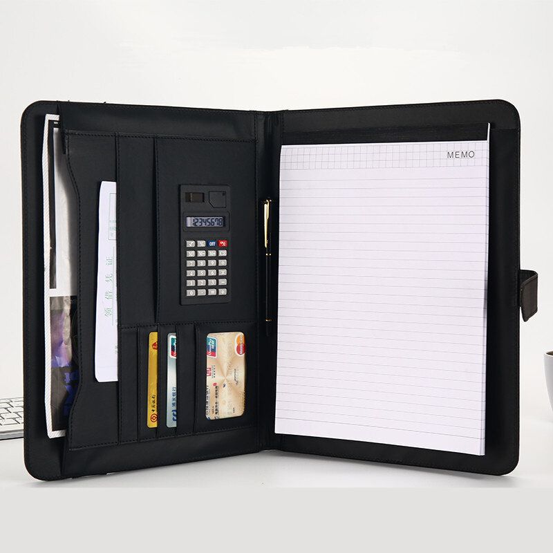A4 File Organizer Portfolio cartella borse per documenti blocco note in pelle PU porta carte multifunzione penna File Clip calcolatrice Memo