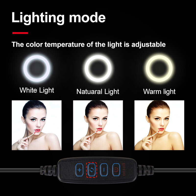 Anillo de luz LED para Selfie, luz de vídeo y fotografía multifunción para maquillaje, transmisión en vivo con Clip de soporte para teléfono y cámara, 10 pulgadas/26cm