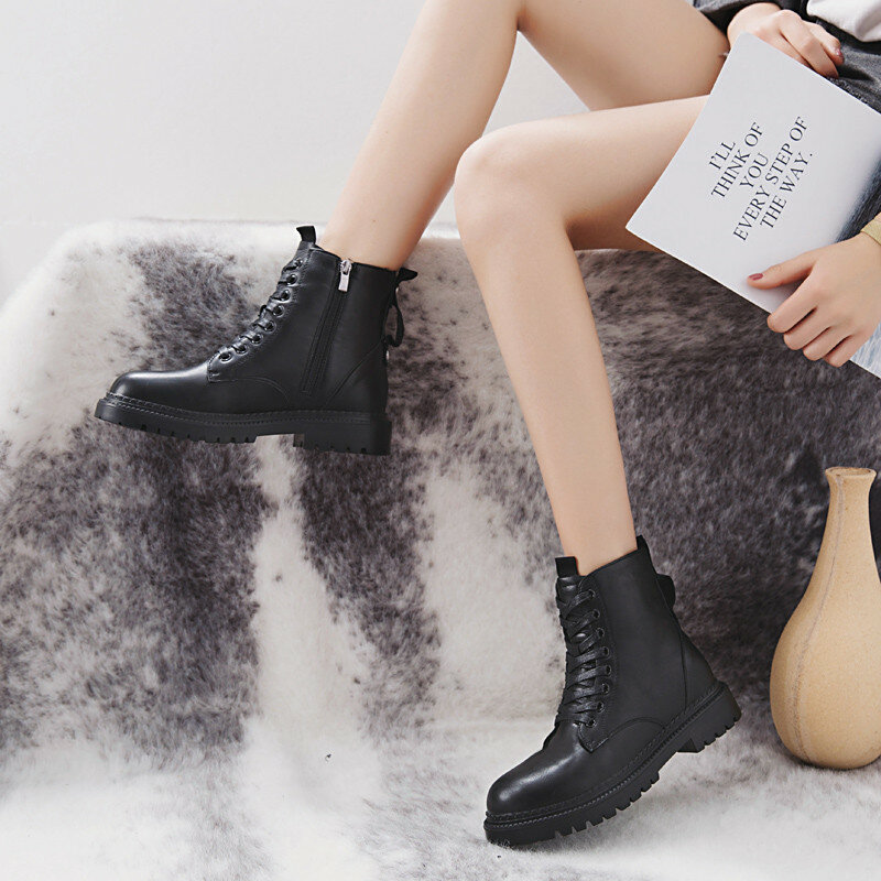 COOTELILI-패션 지퍼 플랫 신발, 여성용 하이힐 플랫폼, PU 가죽 부츠, 레이스업 여성 신발, 발목 부츠, 여자 35-40