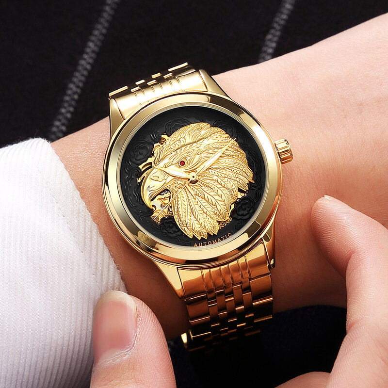 2018 relógio de pulso esculpido dourado 3d, exclusivo, todos em aço inoxidável, masculino, esqueleto, automático, mecânico, à prova d'água, esportivo
