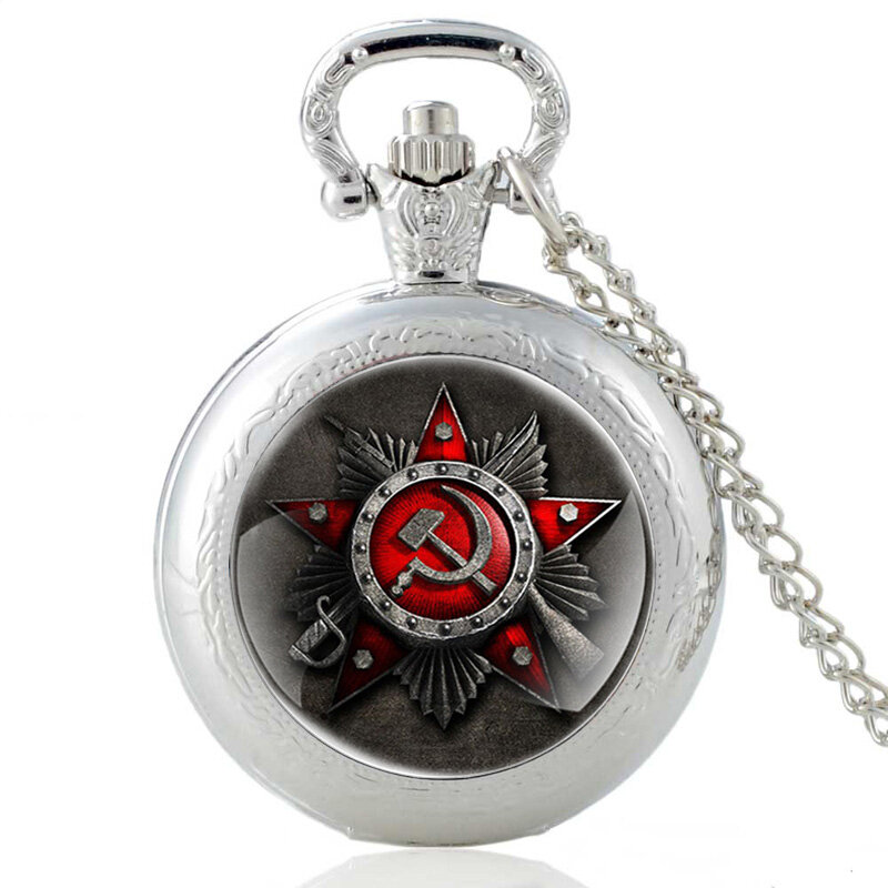 Relógio de bolso clássico soviéticos, relógio de bolso de vidro cabochão de arte do exército clássico para homens e mulheres, colar de quartzo com martelo