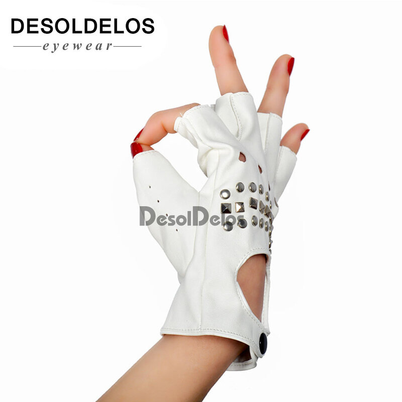 Fashion Half Finger Driving Women Gloves PU Leather Fingerless Gloves Half Finger Gloves For Women Black white R003