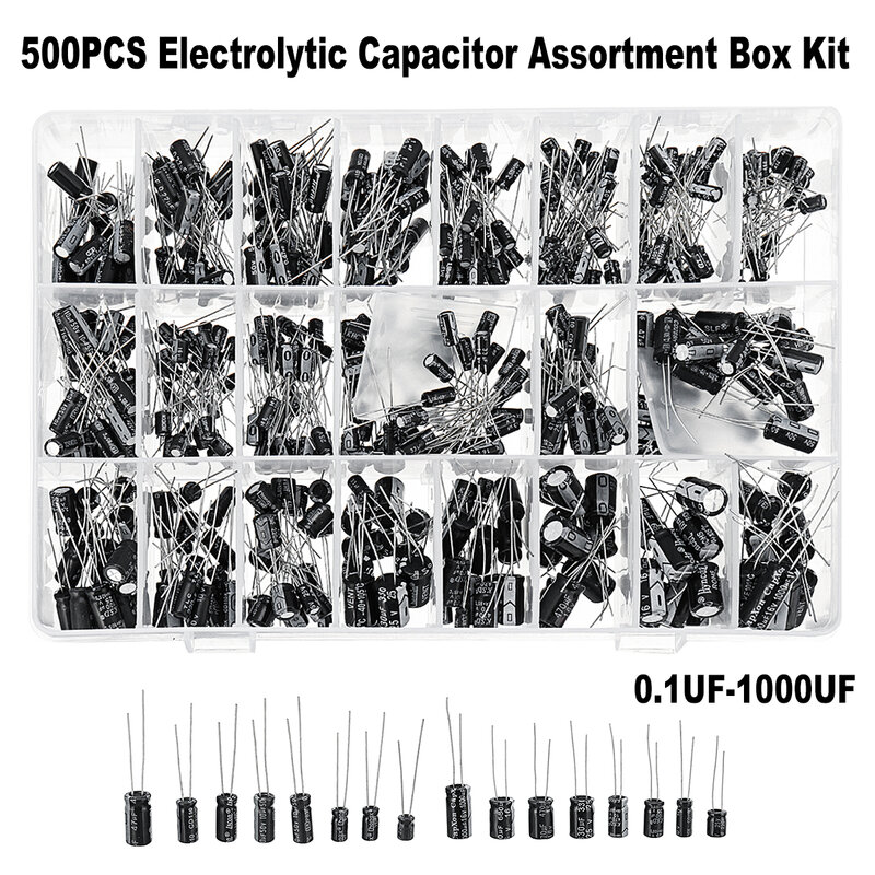 500 PCS 16 V - 50 V 24 ค่า Electrolytic Capacitors ชุดกล่องเก็บของ 0.1 UF - 1000 UF อลูมิเนียมส่วนประกอบแบบ Passive Supply Capacitors