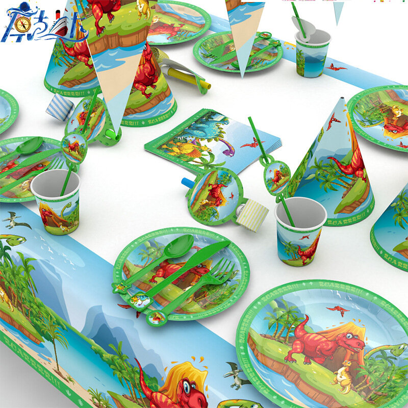 만화 공룡 테마 일회용 식기 세트, 어린이 생일 파티 장식 접시 컵 냅킨 파티 용품