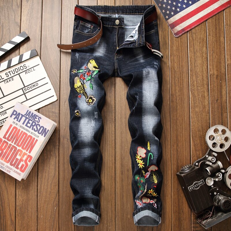 بنطلون جينز رجالي مطرز بالورود ثلاثية الأبعاد ، بنطلون جينز أسود ممزق عتيق ، موضة ، مقاس كبير 29-38 ، 2019