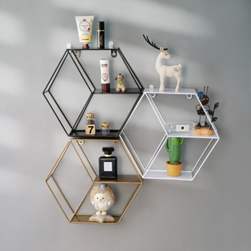 Prateleira em vaso para parede, estilo nórdico, prateleira redonda de metal, hexágono, suporte, rack em vaso para decoração de parede