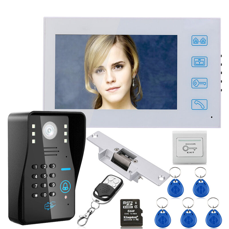 7 "HD Opname RFID Wachtwoord Video Deurtelefoon Intercom Deurbel kit Met 8G Tf-kaart Met GEEN-elektrische Strike Deurslot