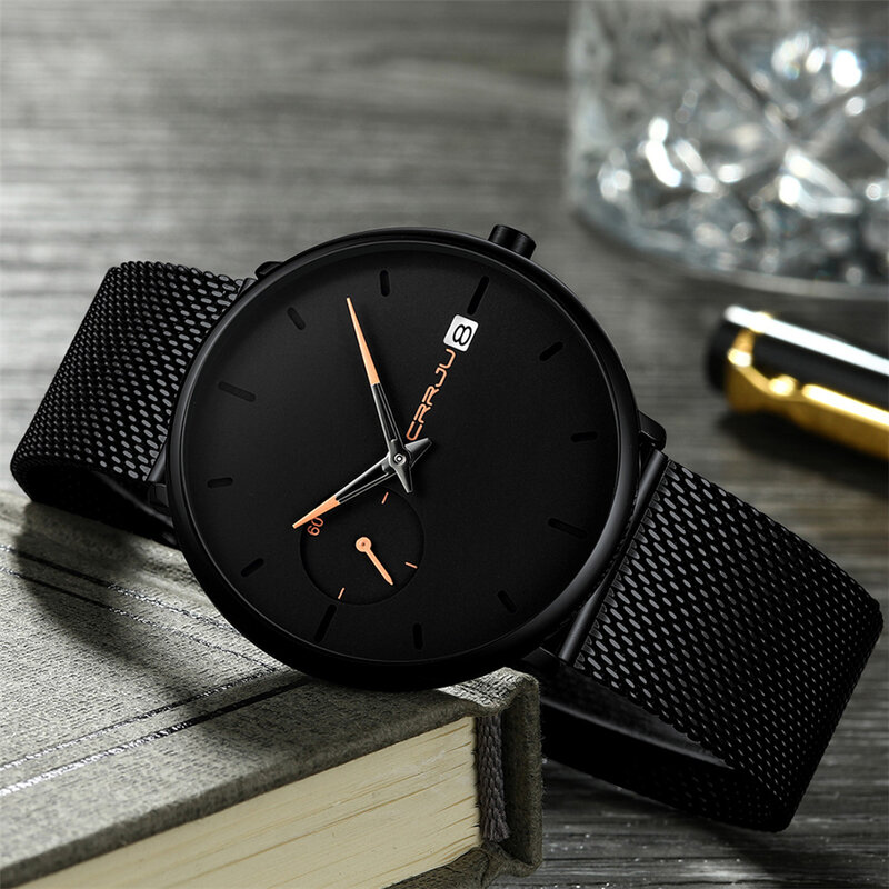 Crrju relógio de quartzo masculino, relógio casual luxuoso de marca fashion fino de malha de aço à prova d'água esportivo para homens