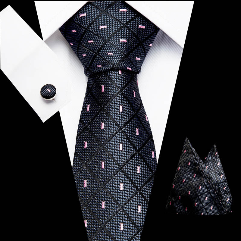 New Clasic Blue Black Tie for Men Silk Fabric Jacquard Woven Tie Hanky Cufflinks Set for Men Designer Fashion Silk Ties