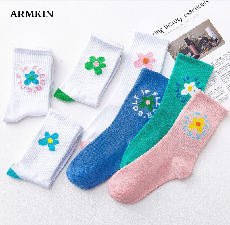 ARMKIN-Calcetines informales Kawaii para mujer, con dibujos animados de flores, estilo harajuku, suaves