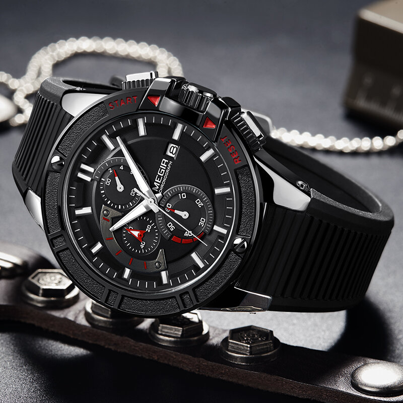 Megir relógio masculino luxuoso de marca famosa, fashion de silicone cronógrafo de quartzo esportivo militar