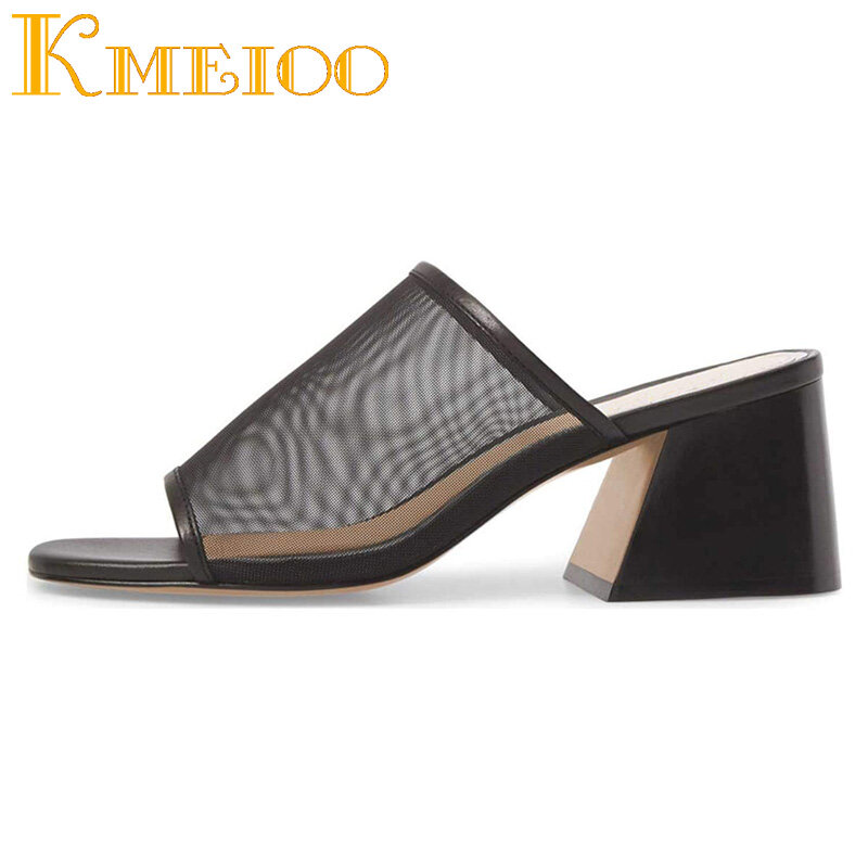 Kmeioo 2020 Fashion Ladies Shoes Comfortable Mesh Open Toe Sandals Chunky Heels Mules Slide Summer Woman Shoes Plus Size 35-46