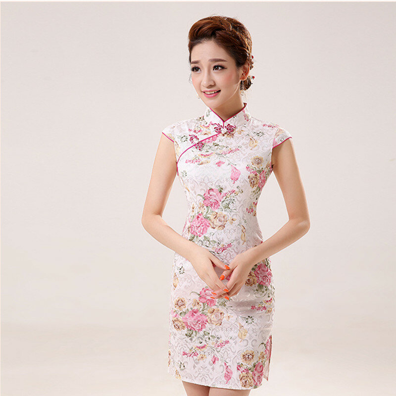새로운 여름 실크 새틴 치파오 중국 전통 드레스, Vestido 민소매 여성 높은 목 Qipao 독특한 파티 이브닝 드레스