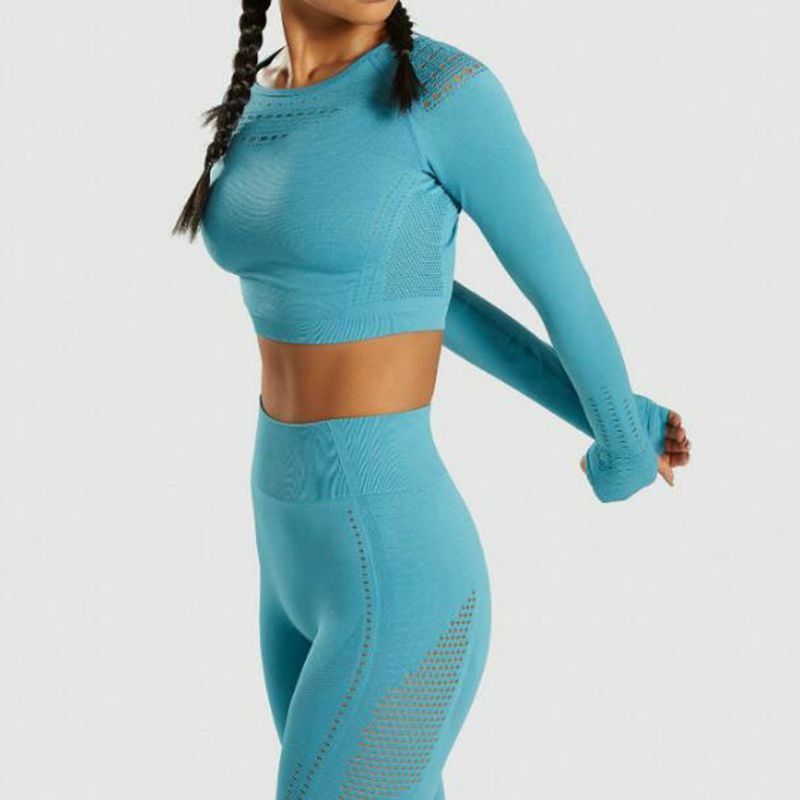Camiseta feminina sem costura esportiva malha vazada manga comprida, camiseta esportiva yoga academia malhação
