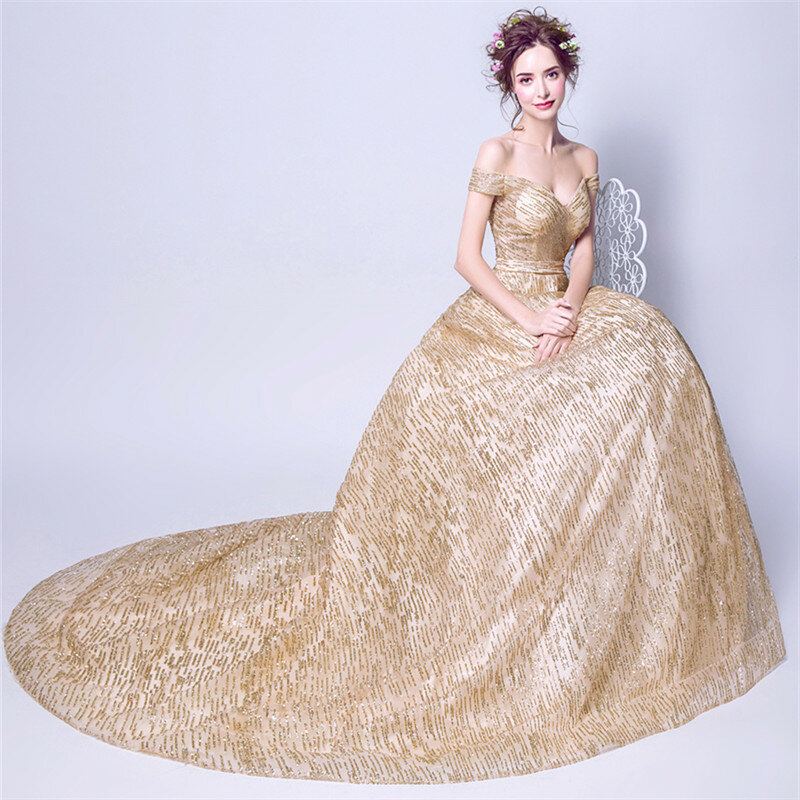 Es Yiiya-vestido de noche de lujo dorado con cuello de barco, Floral, lentejuelas, diseñador de moda, largo hasta el suelo, Formal, LX296