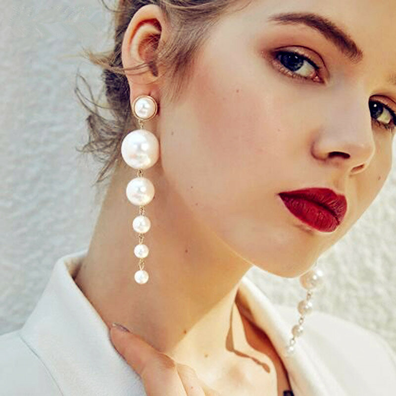 New Big Simulated Pearl Long Earrings Elegant Pearl Chain Drop Earrings For Women Statement Hang Luxury Earrings  Gift E0207
