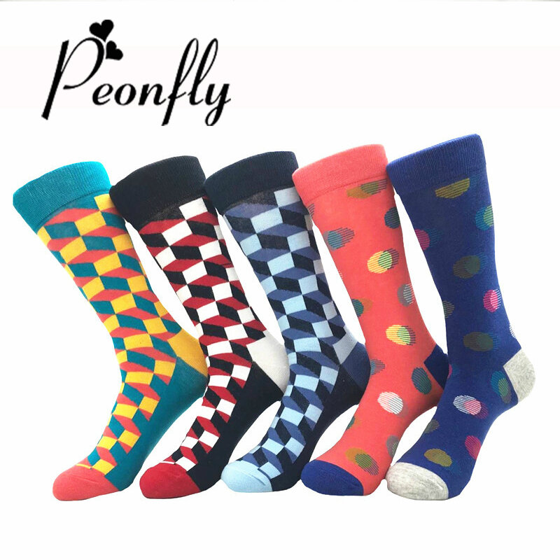 PEONFLY 5 Pairs/Lot Men's Socks Fashion Funny Colorful Long Socks Combed Cotton Happy Wedding Socks Casual Business Dress Sock