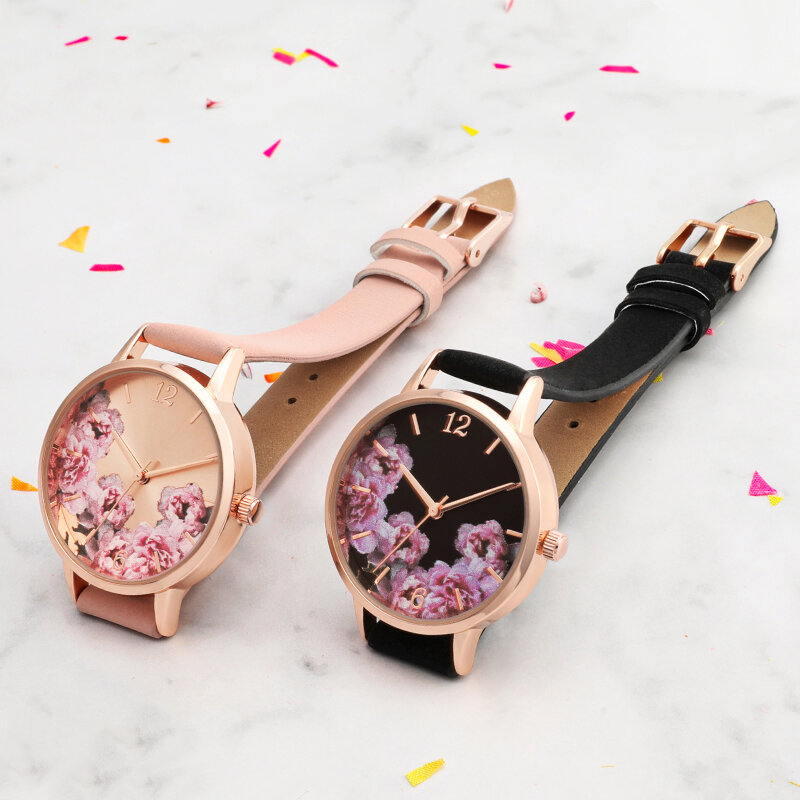 Relojes casuales para mujer, banda de cuero PU, patrón de flores, caja redonda, reloj de cuarzo femenino