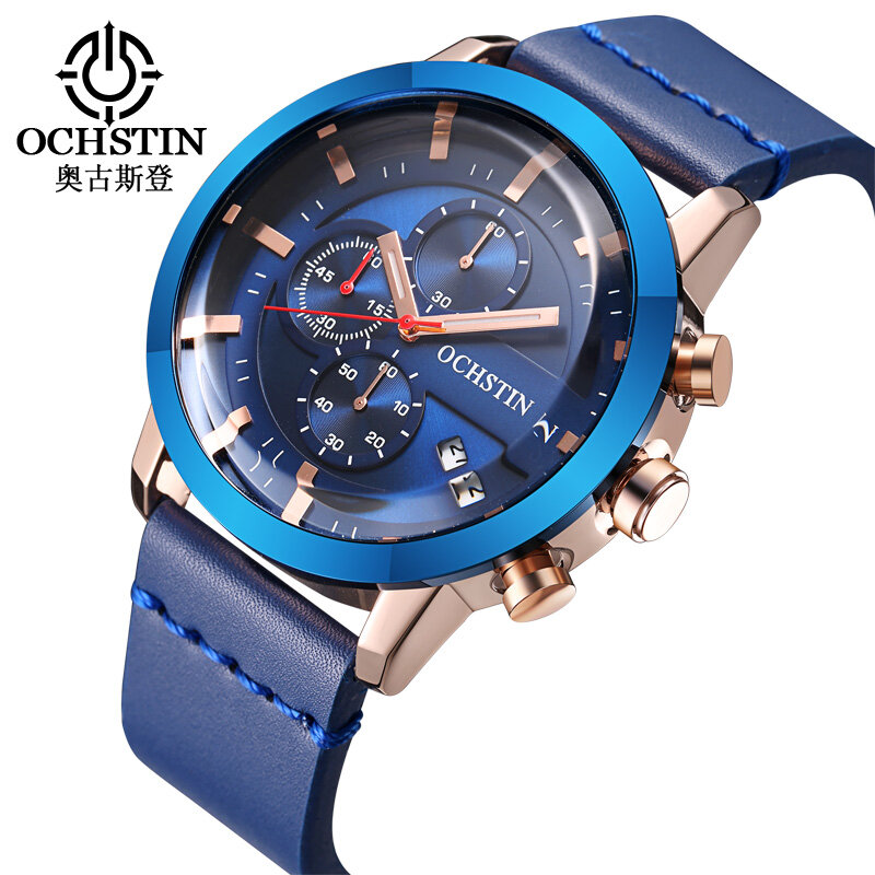 Montres de sport hommes marque de luxe mode 2018 étanche chronographe Quartz montre-bracelet mâle en cuir bleu horloge Relogio Masculino