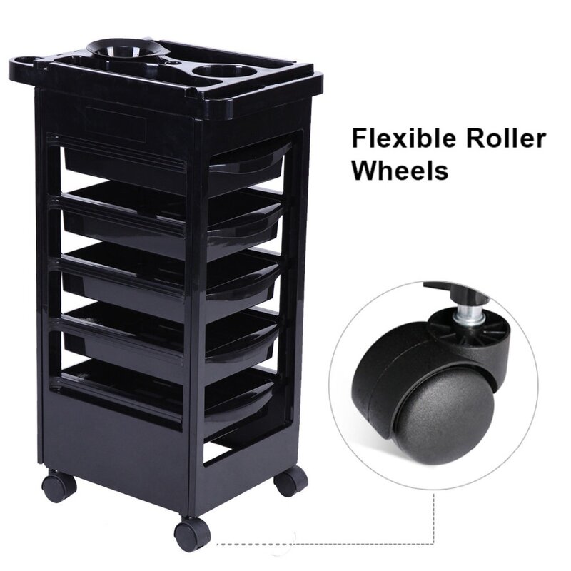 Spa Hairdresser Coloring Hair Barber Salon Trolley Rolling Storage Cart 5 drawers Stapelboy Black Barber