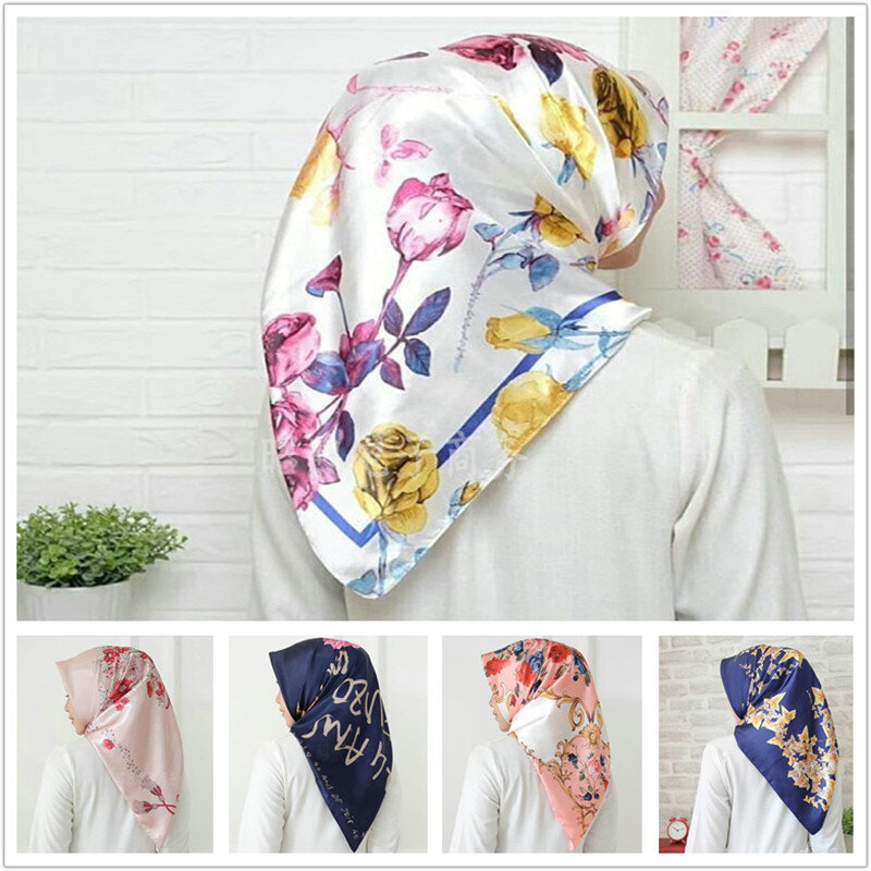 Foulard Hijab carré en Satin doux pour femmes, châle pour la tête et le cou, enveloppe, 35x35 pouces, GPD8879