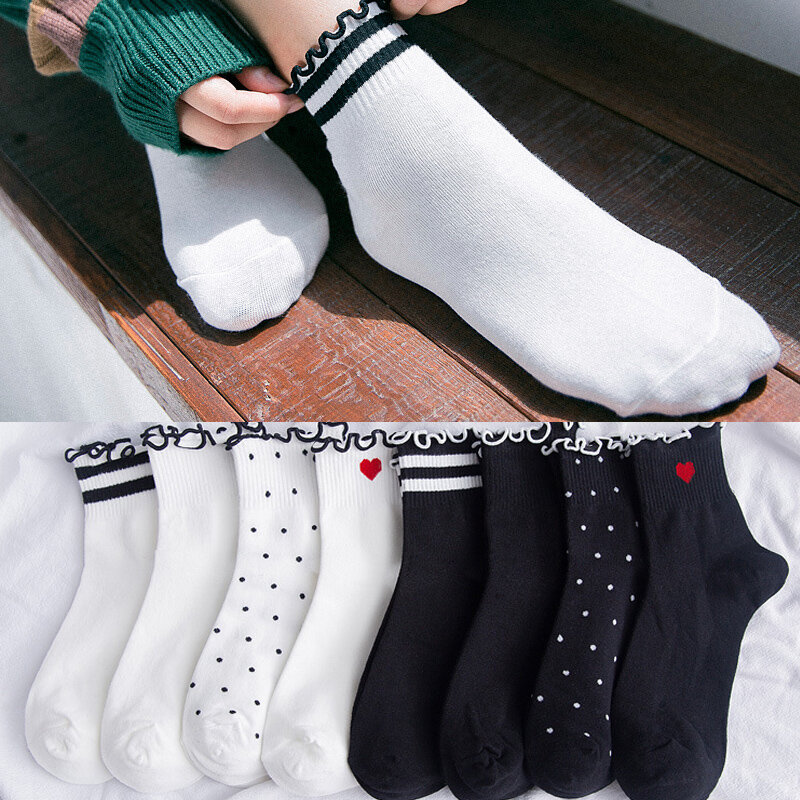 Sale Black Casual Dot Ruffle Strip Women Socks Cotton Heart  Sweet Japanese Harajuku College students girls socks