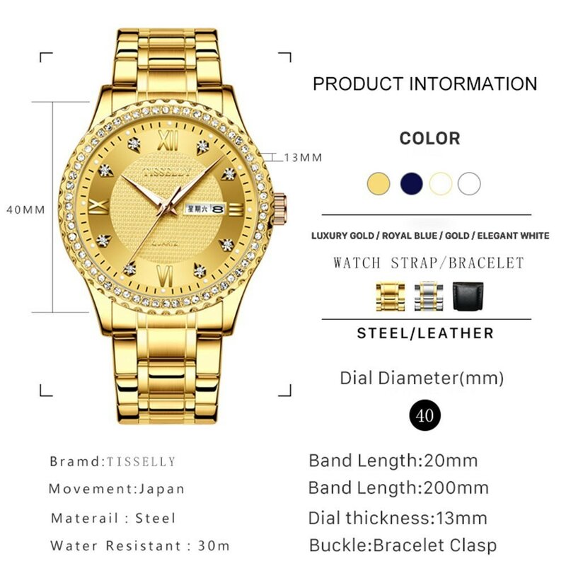 Tisselly-Reloj de pulsera de acero luminoso para hombre, cronógrafo de lujo con diamantes dorados, con fecha, de negocios