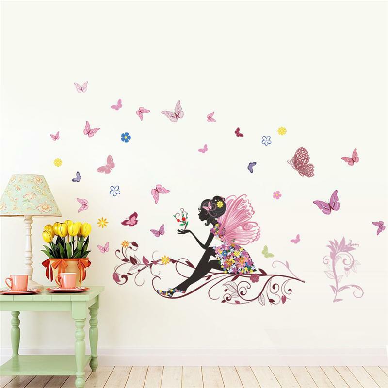 ملصق حائط على شكل فراشة وزهرة لفتاة جميلة ، ملصق فني للمنزل ، ديكور غرفة الأطفال ، ملصق مطبوع ، DIY