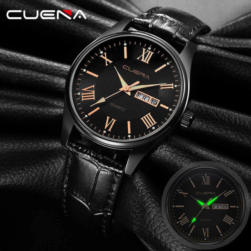 CUENA メンズ腕時計ミリタリー革アナログアーミーカジュアルドレス時計の男性クォーツ腕時計メンズデイ日付男性時計