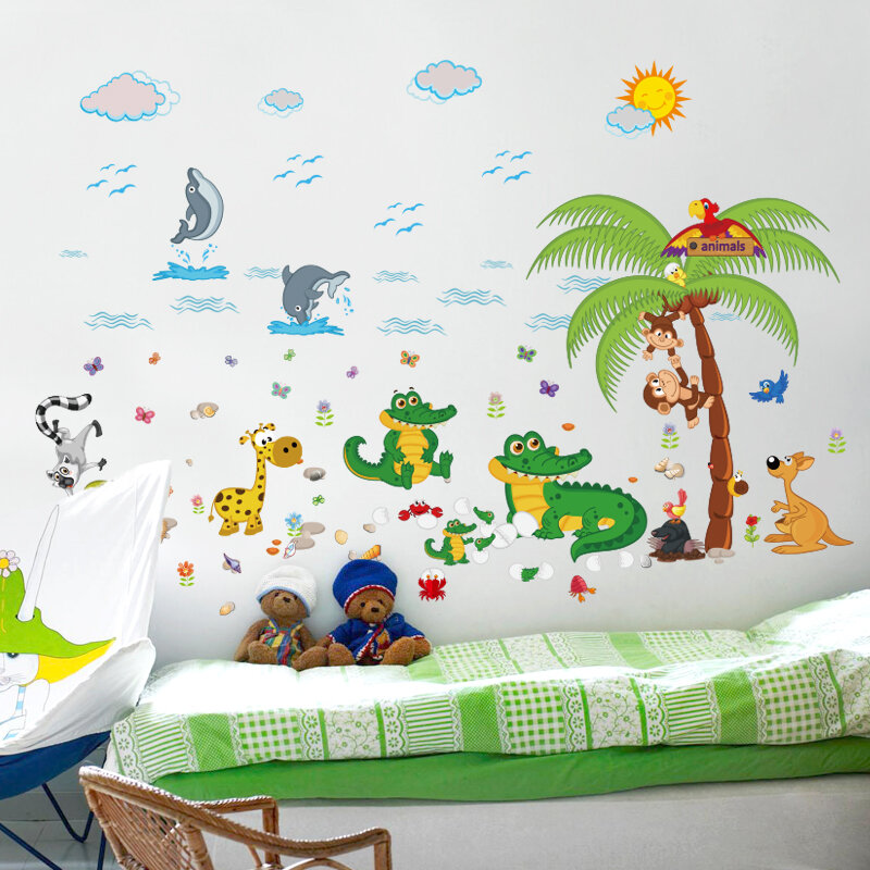 เด็กน่ารักจระเข้สติ๊กเกอร์ติดผนังการ์ตูนลิงต้นไม้กำแพง Decals เด็กห้องนอนภาพผนัง