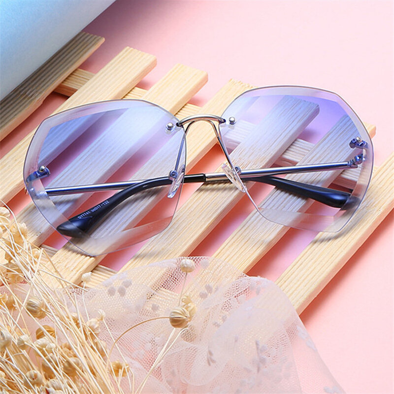 Square Rimless Glasses Diamond Cutting Lens Sunglasses Women Brand Designer Fashion UV400 Shades Sun Glasses Female