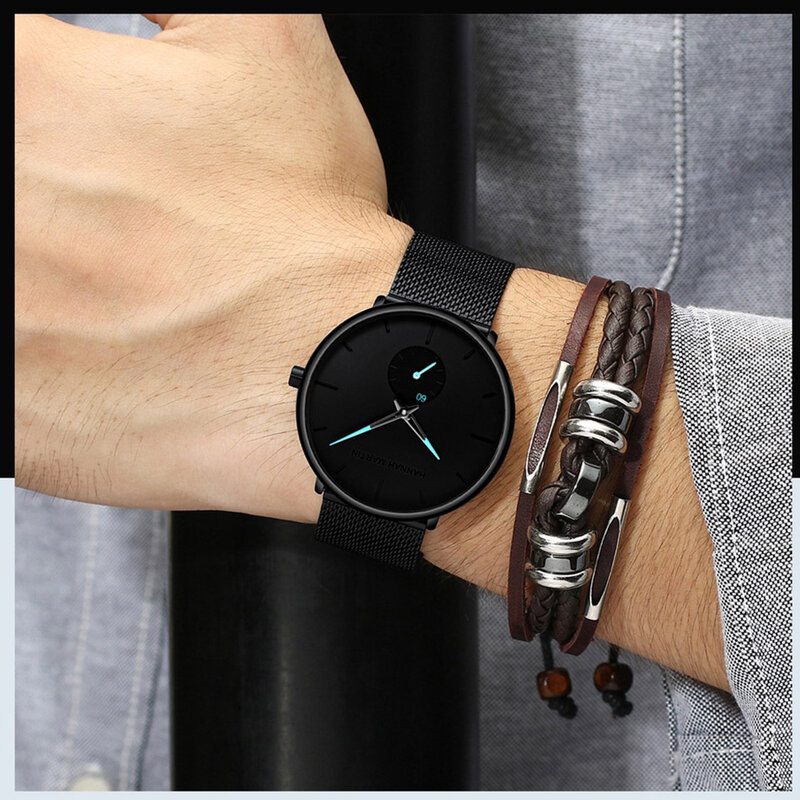 Hannah martin Ultra cienkie zegarki analogowe mężczyźni klasyczny czarny chronograf stalowy zegarek biznesowy Unisex minimalistyczny zegarek na rękę Relogio