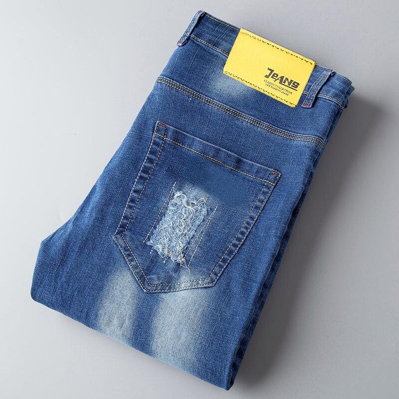 بنطلون جينز رجالي قطني مستقيم ممزق ، علامة تجارية جديدة لعام 2019 ، بنطلون جينز ، طباعة مرقعة ، مقاس كبير 29-38