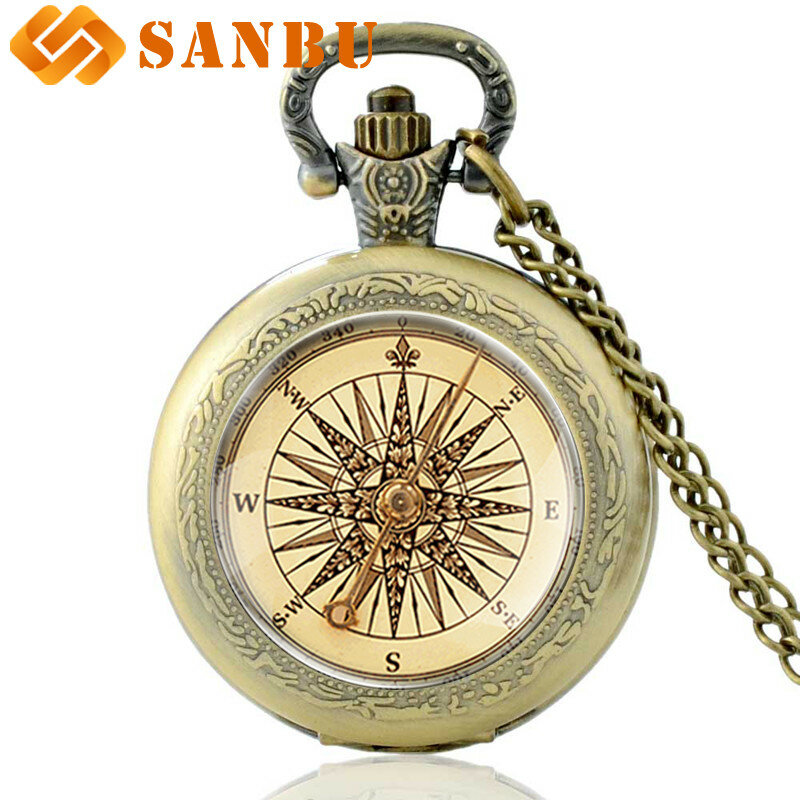 Retro kompas kieszonkowy zegarek kwarcowy Vintage Bronze Men naszyjnik damski z wisiorkiem prezenty