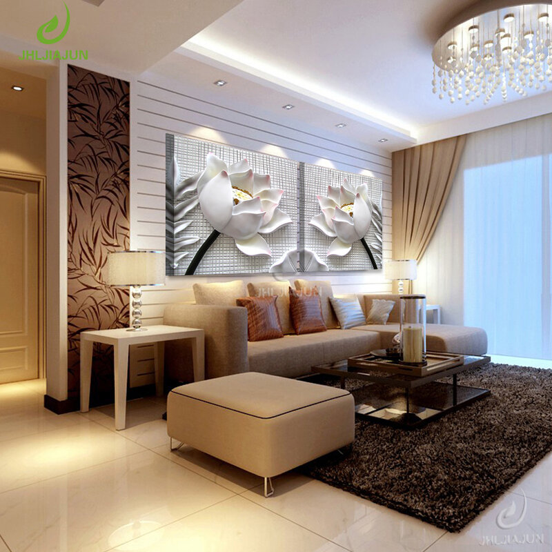 Pintura artística de pared para sala de estar, imágenes modulares de decoración del hogar con flor de loto 3D para cocina, lienzo artístico impreso, póster
