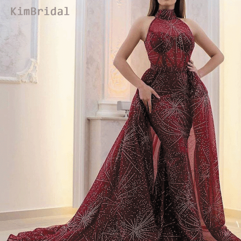 Vestidos de Fiesta Prom Dresses High Neck Sequins Sparkly Detachable Train Wine Red Evening Dresses Sparkly