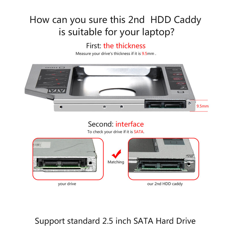 Caddie pour disque dur SATA 3.0 à SATA 2.5 pouces, SSD, 9.5mm, universel, matériau en aluminium, pour ordinateur portable, modèle CD-ROM, DVD-ROM, OptiBay