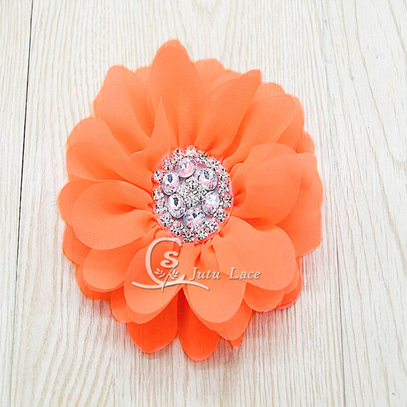 15pcs /lot Large rhinestones center shabby chiffon Flower with beads , handmade pearl center flowers in Neon color