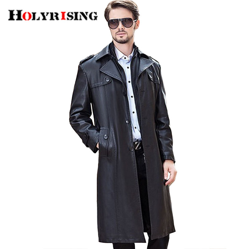 Gabardina larga de cuero sintético para hombre, abrigo clásico de color negro con cuello vuelto, estilo informal, M-4XL de otoño e invierno