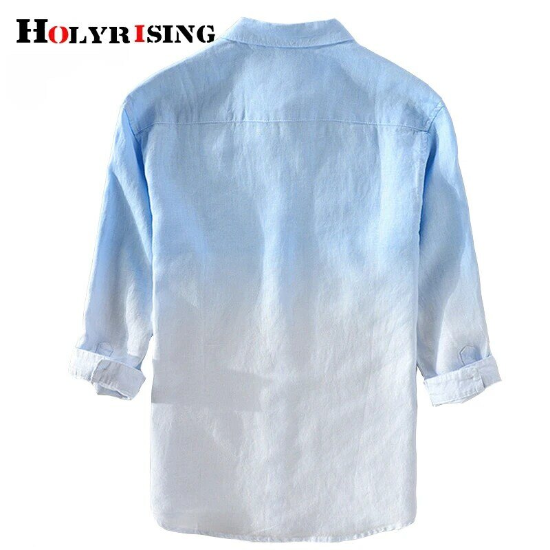 Holyrising ฤดูร้อนใหม่ 100% ผ้าลินินเจ็ดไตรมาสแขนเสื้อ mens gradient สีฟ้าชายเสื้อ 18815-5